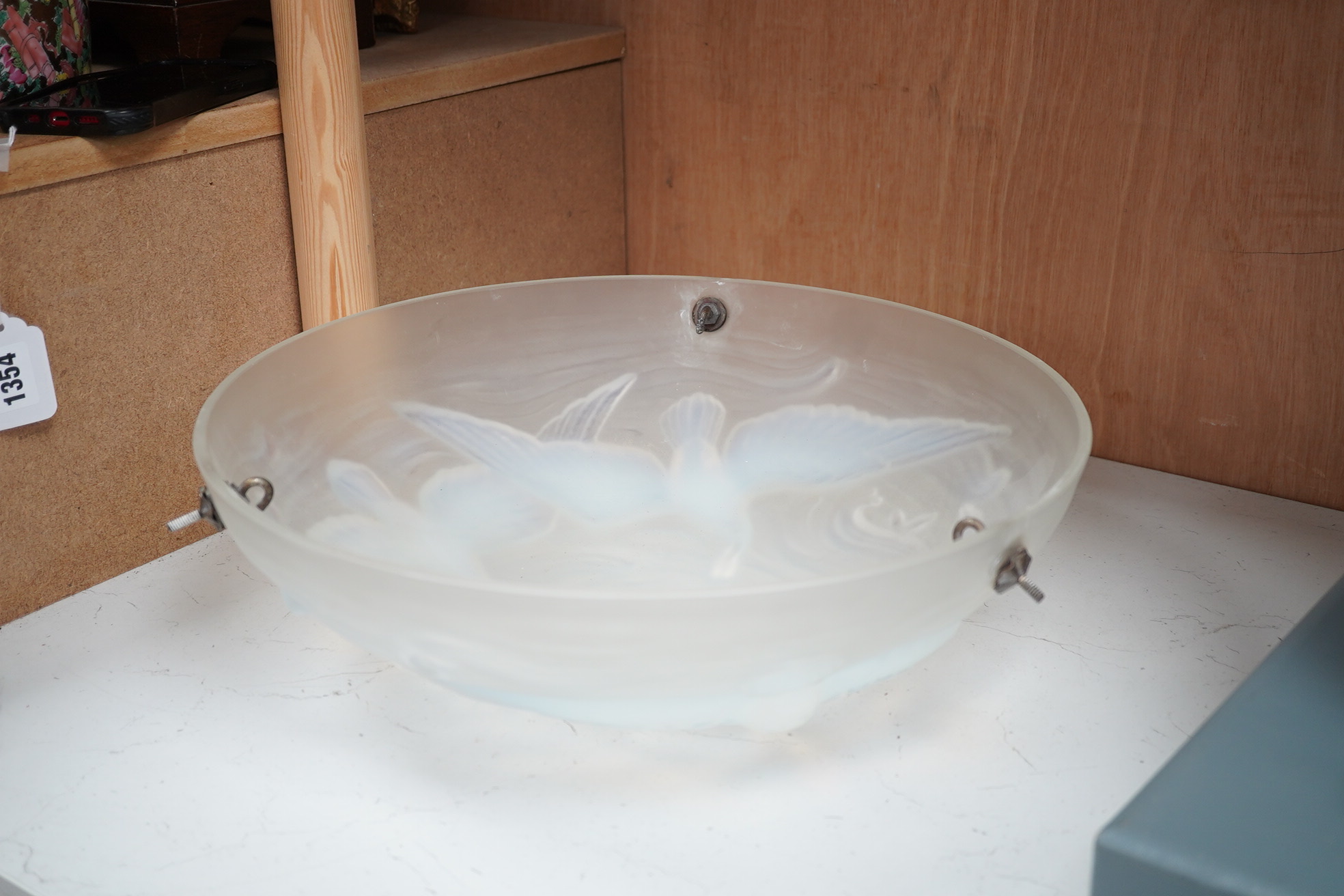 A Lalique style glass plaffonier, decorated with birds and fish, 39cm diameter. Condition - good